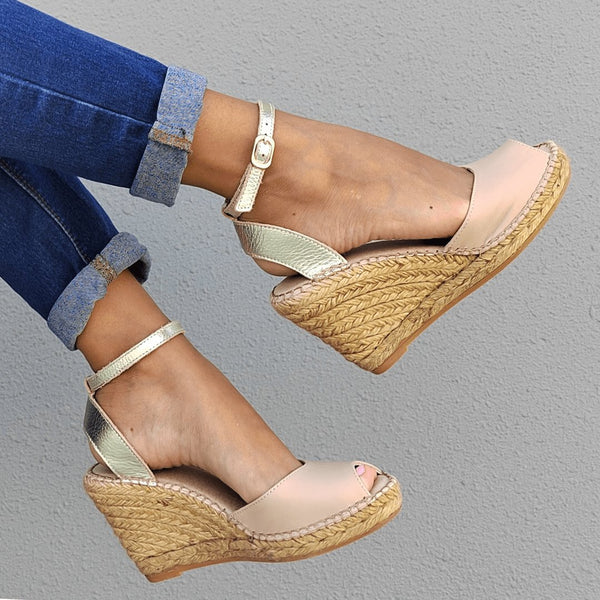 Peep Toe Espadrille Wedge in Sandy Champagne Handmade Spanish