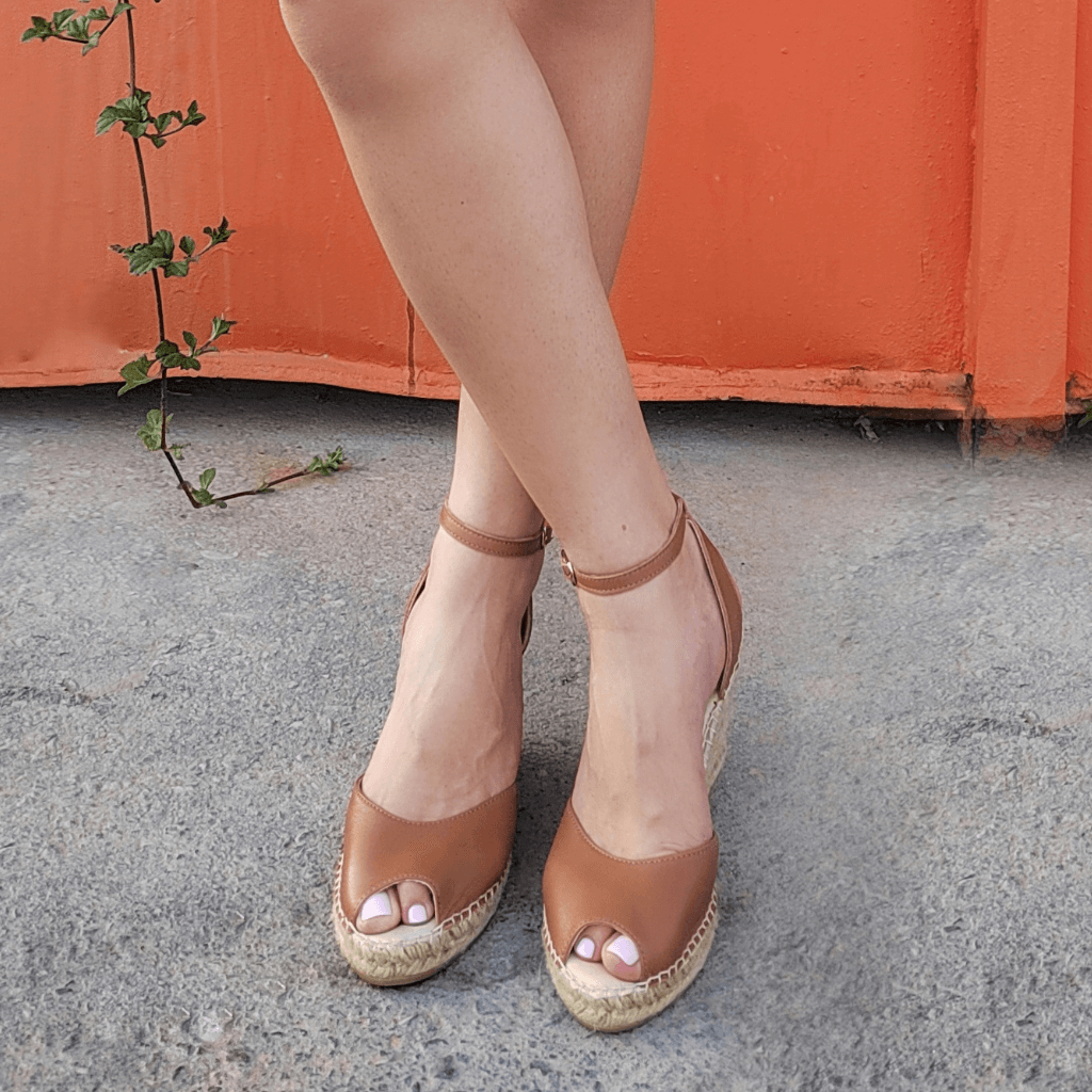 Peep Toe Espadrille Wedge in Tan | Legs Wearing Comfortable Wedge Sandals | Shoeq 
