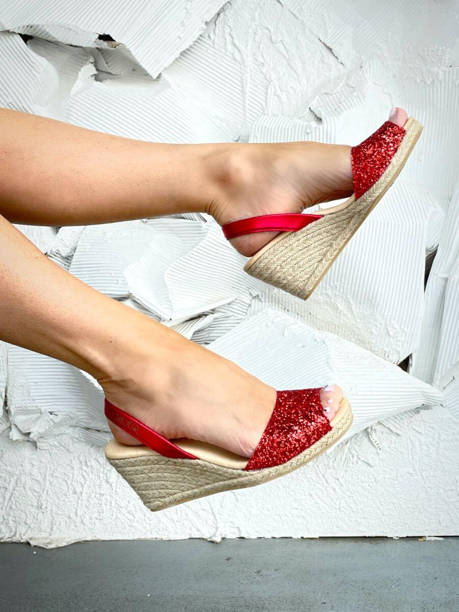 Classic Espadrille Wedge in Red Glitter | Shoeq | Wedge Sandal Heels for Women 