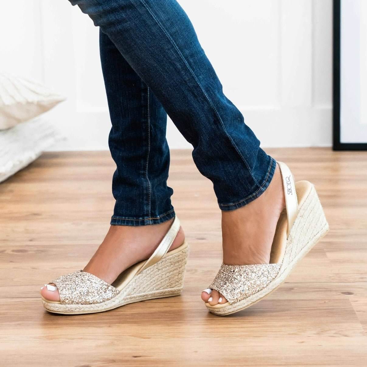 Classic Espadrille Wedge ('23 Edit) in Champagne Glitter - Shoeq