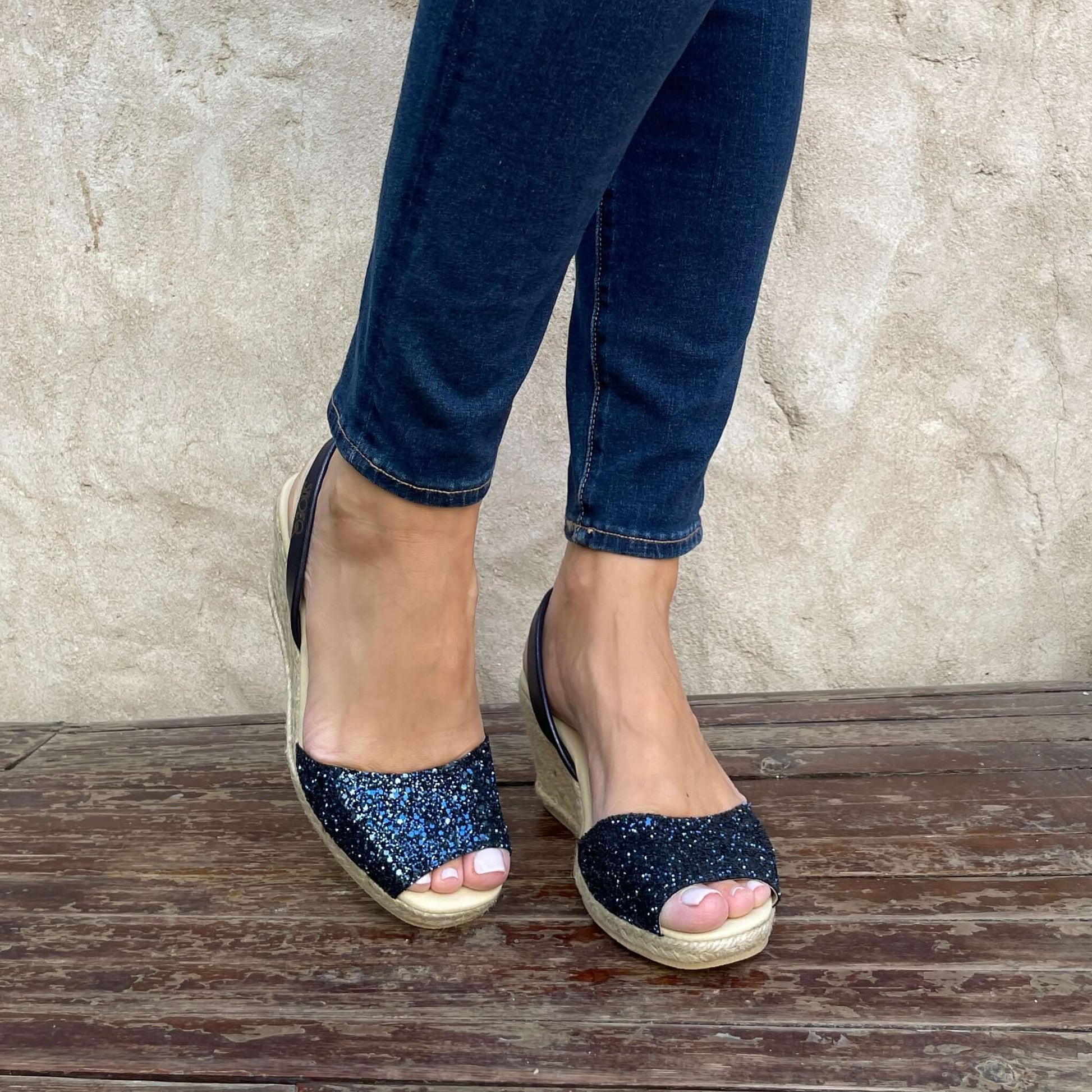 Classic Espadrille Wedge ('23 Edit) in Navy Glitter - Shoeq