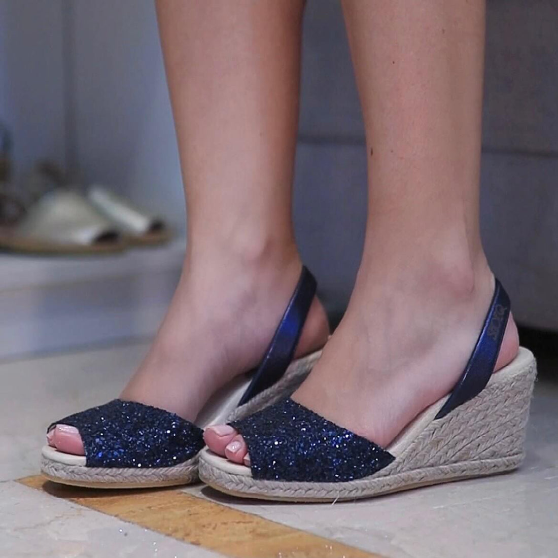 Classic Espadrille Wedge ('23 Edit) in Navy Glitter - Shoeq