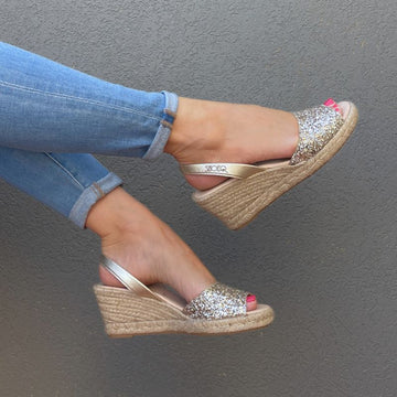 Classic Espadrille Wedge in Champagne Glitter - 2024 edit - Shoeq