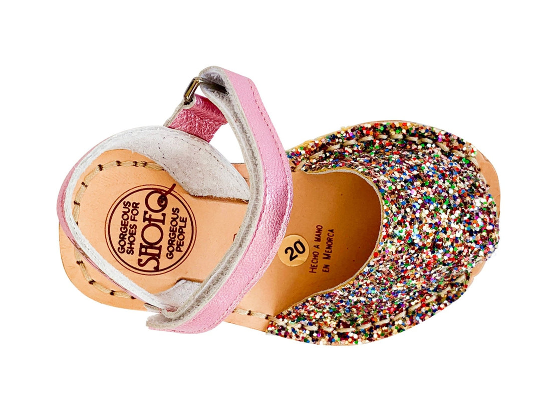 Girls Rainbow Pink Glitter Ankle Strap Avarca - Shoeq