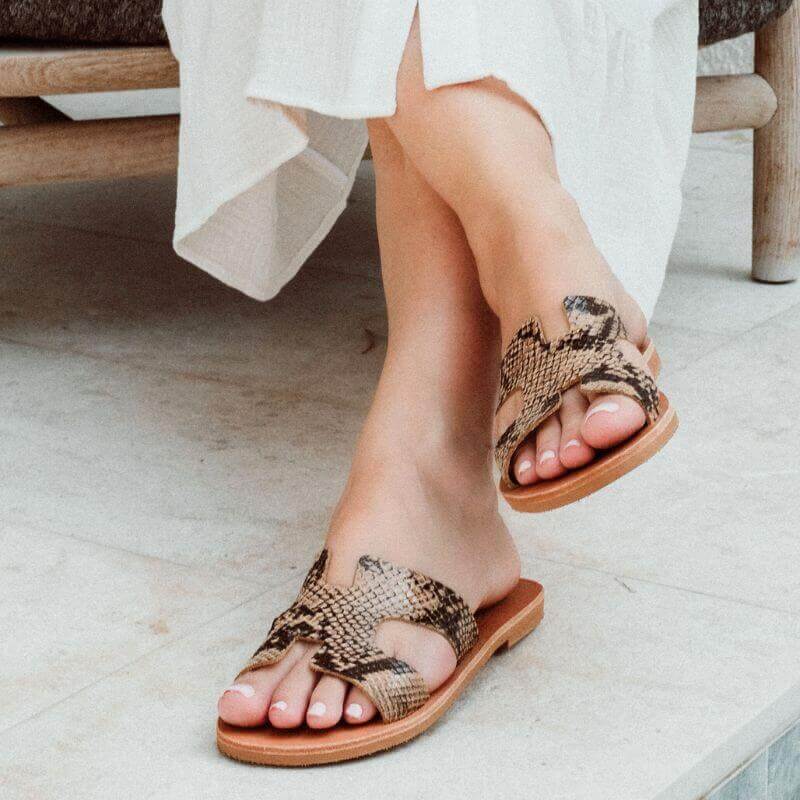 Hania Slide in Bronze Snakeskin Print - Shoeq