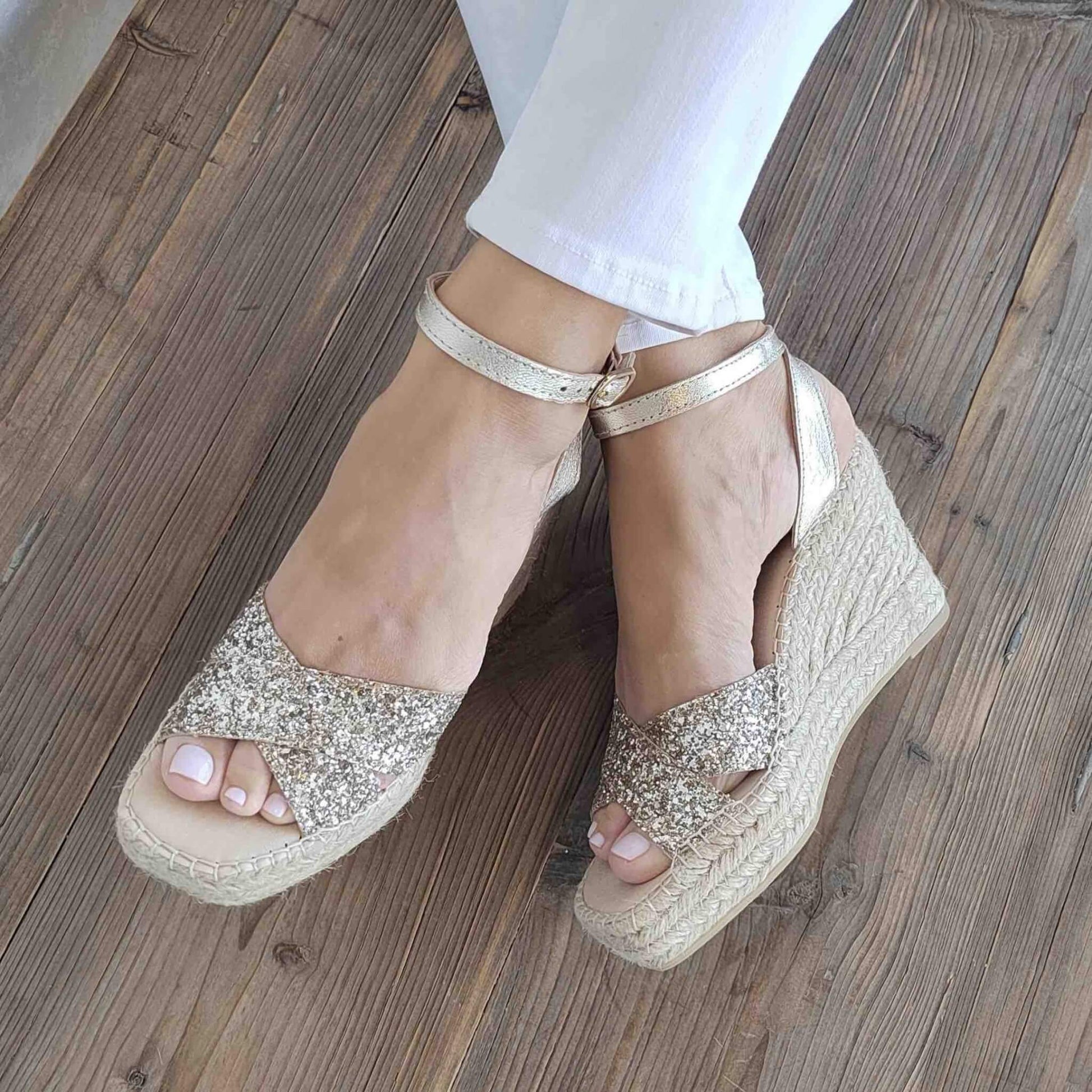 Lucia Espadrille Wedge in Champagne Glitter - Shoeq