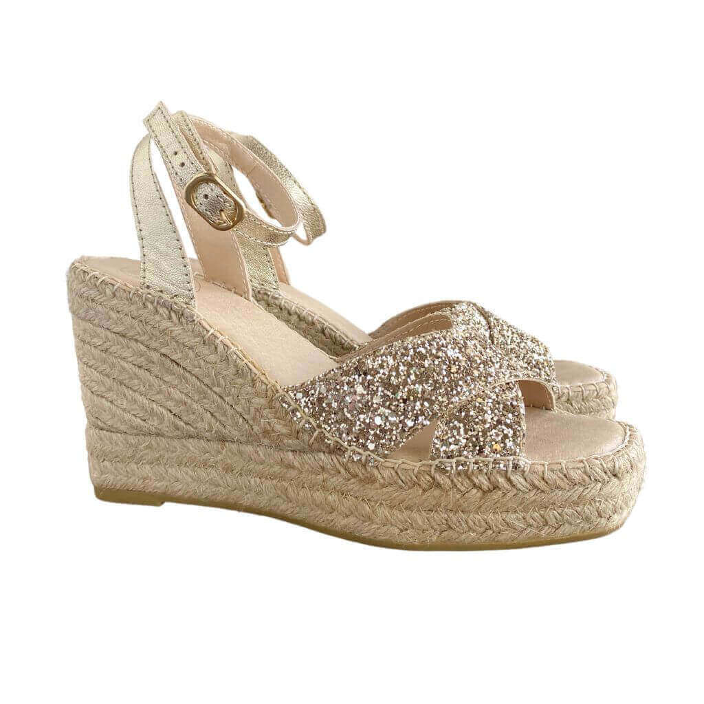 Lucia Espadrille Wedge in Champagne Glitter - Shoeq