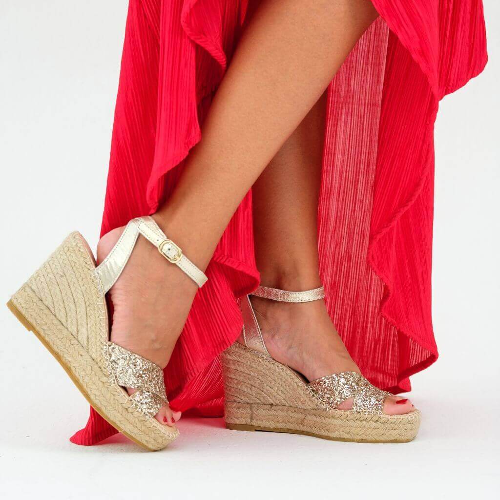 Lucia Espadrille Wedge in Champagne Glitter - Shoeq