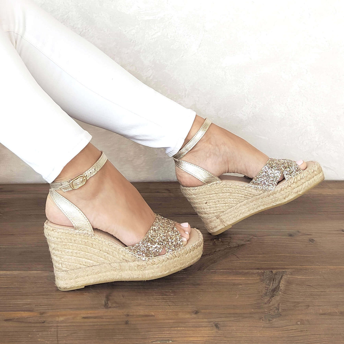 Lucia Espadrille Wedge in Champagne Glitter - Shoeq