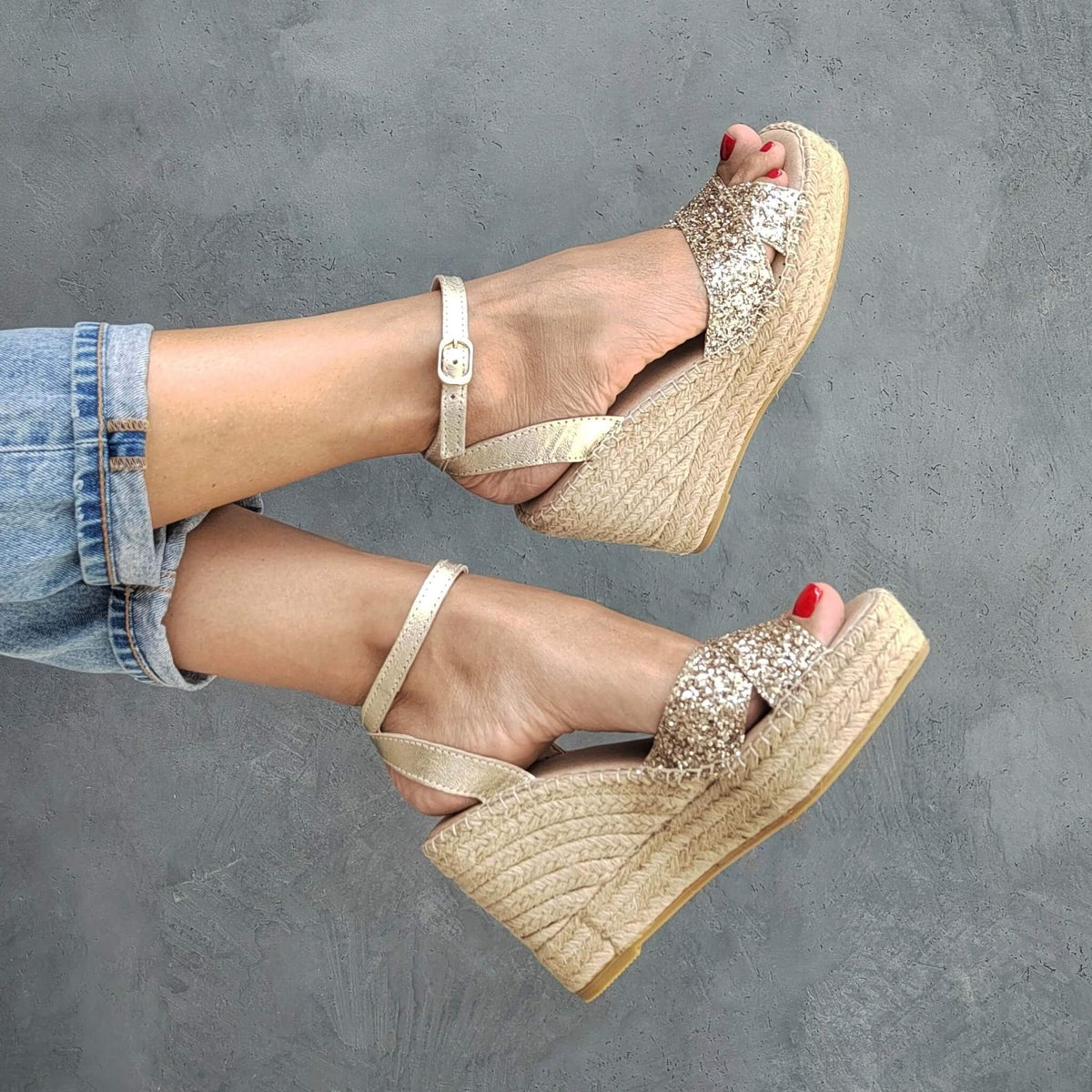 Lucia Espadrille Wedge in Champagne Glitter