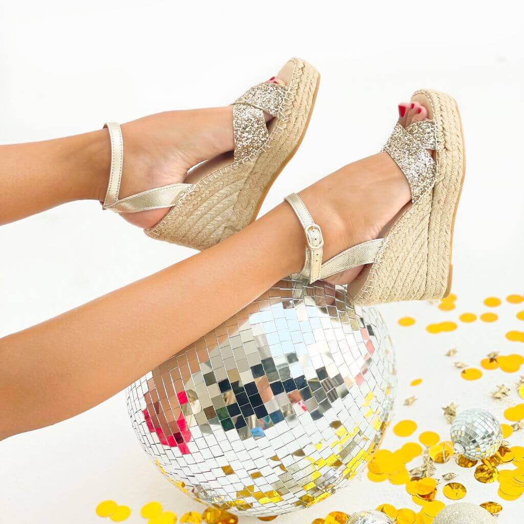 Lucia Espadrille Wedge in Champagne Glitter