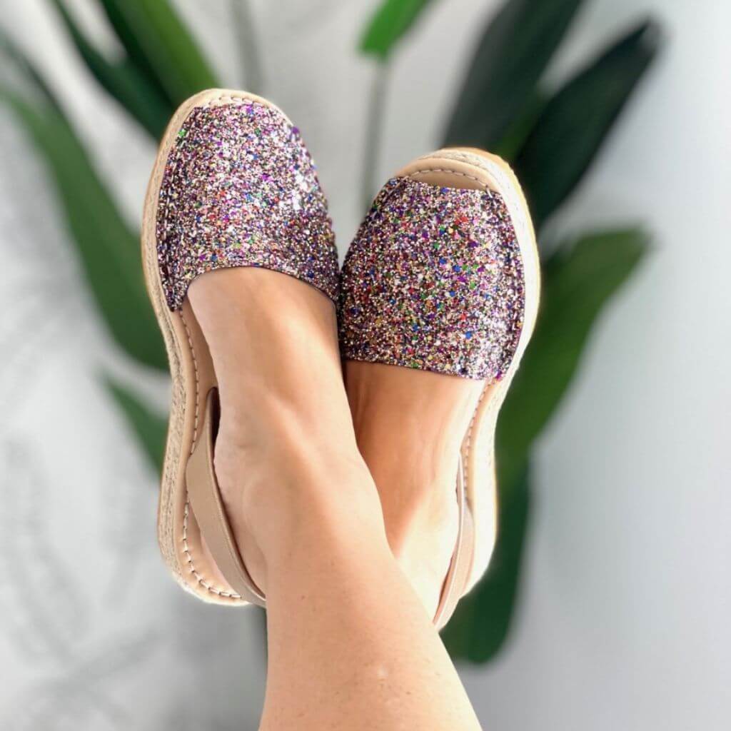 Micro Espadrille Wedge in Rainbow Gold Glitter - Shoeq