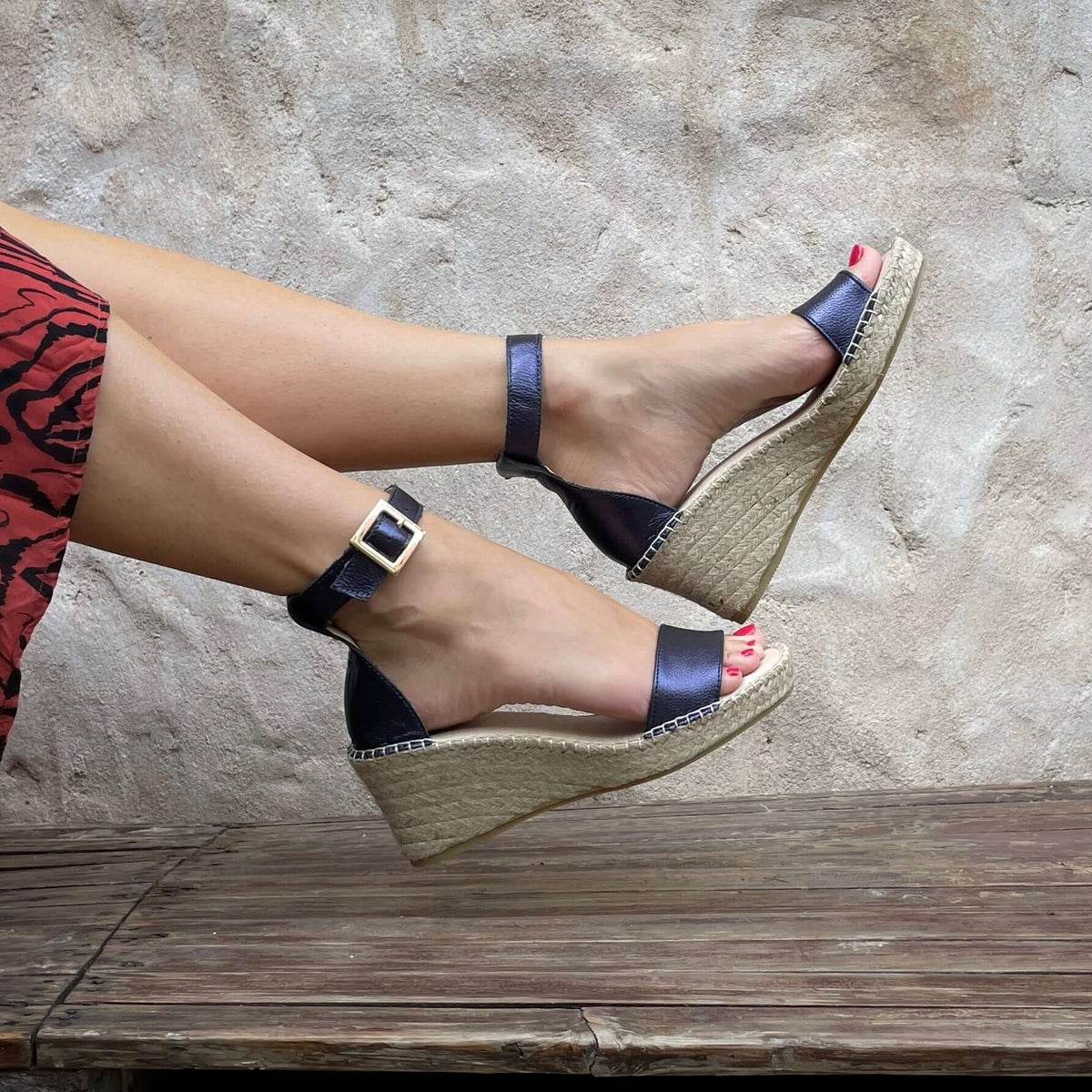 Olivia Espadrille Wedge in Navy Sheen