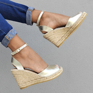 Peep Toe Espadrille Wedge in Champagne - Shoeq