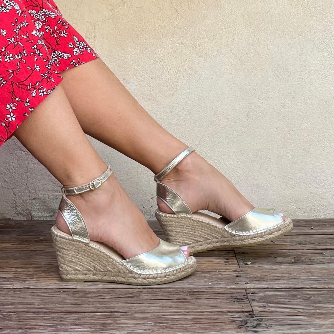 Peep Toe Espadrille Wedge in Champagne - Shoeq