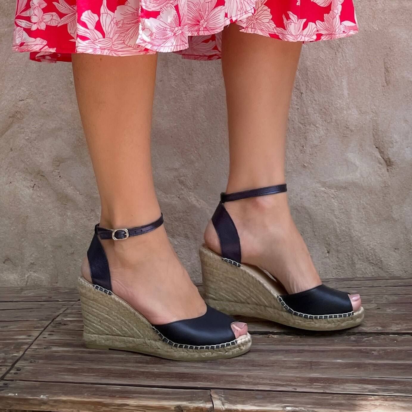 Peep Toe Espadrille Wedge in Navy - Shoeq