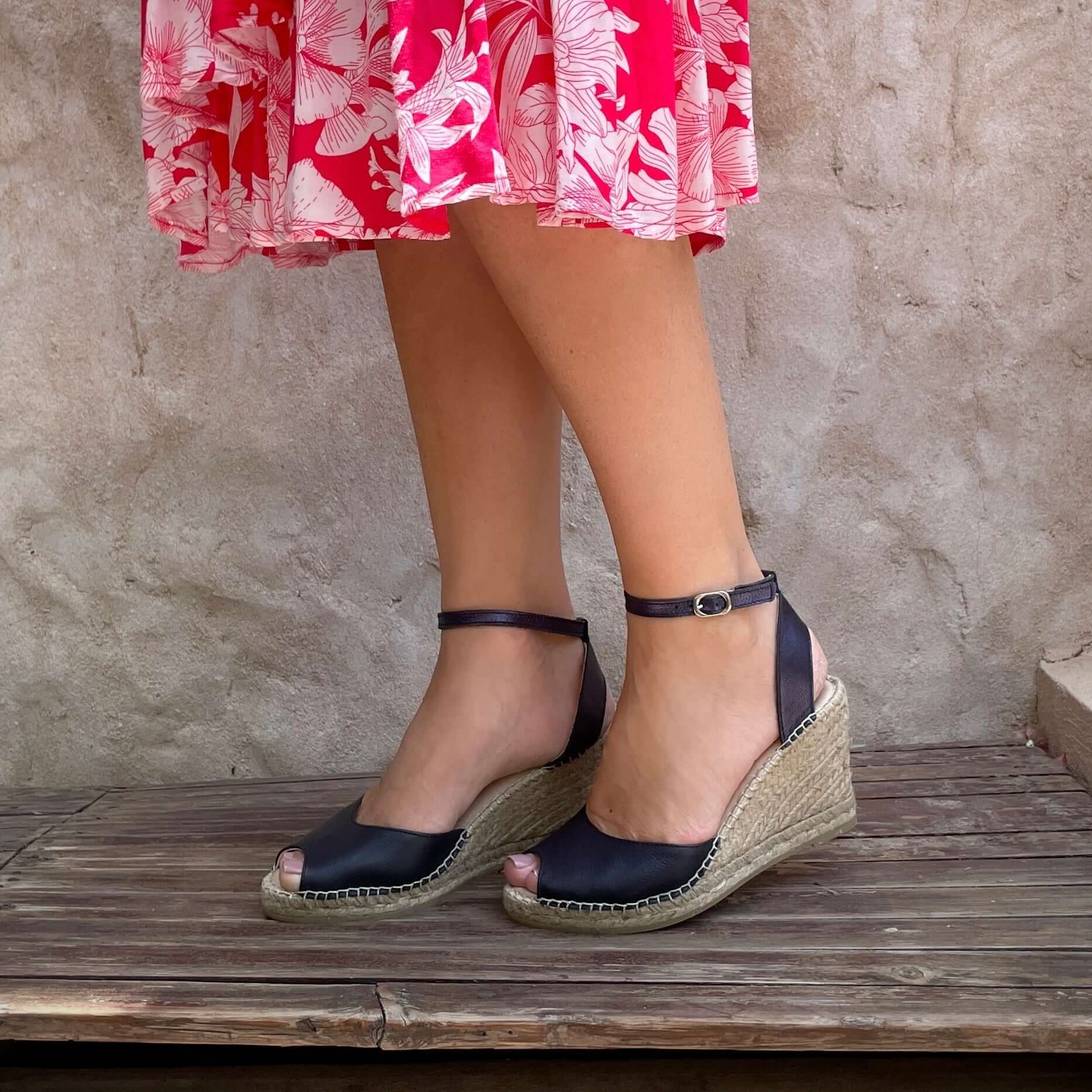 Peep Toe Espadrille Wedge in Navy - Shoeq