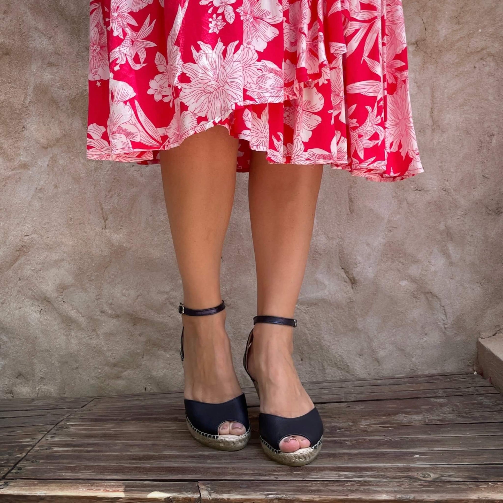 Peep Toe Espadrille Wedge in Navy - Shoeq