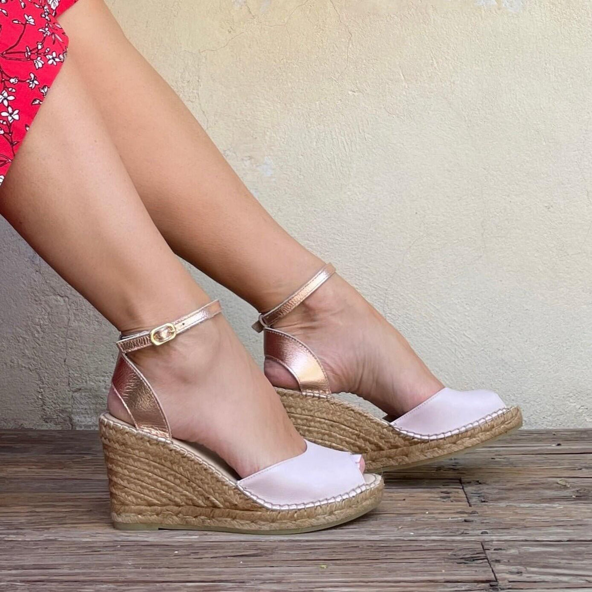 Peep Toe Espadrille Wedge in Rose Blush - Shoeq