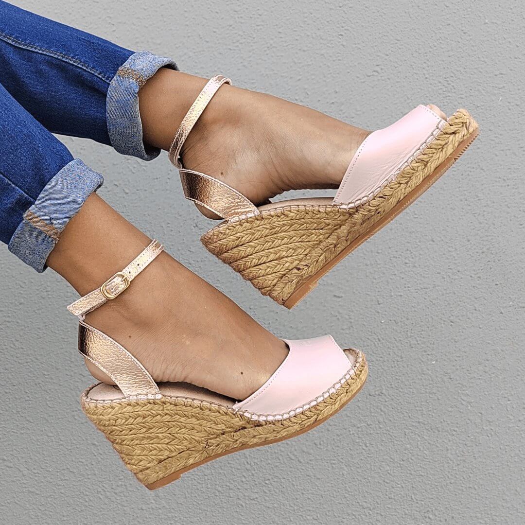 Peep Toe Espadrille Wedge in Rose Blush - Shoeq