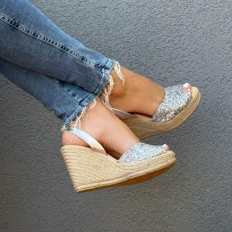 Roxy Espadrille Wedge ('24 Edit) in Silver Glitter (Vegan) - Shoeq