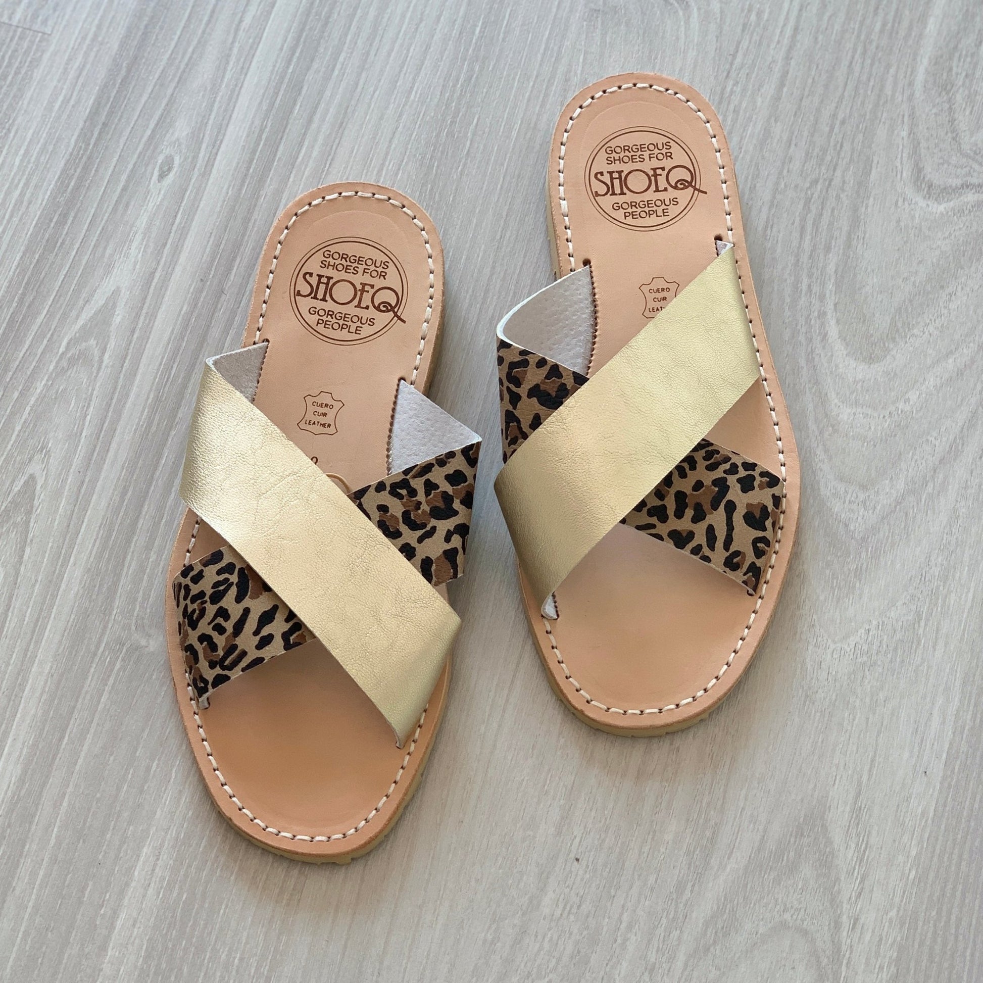 Crossover Slide in Champagne Leopard - Shoeq - Handcrafted Spanish Shoes for Ladies