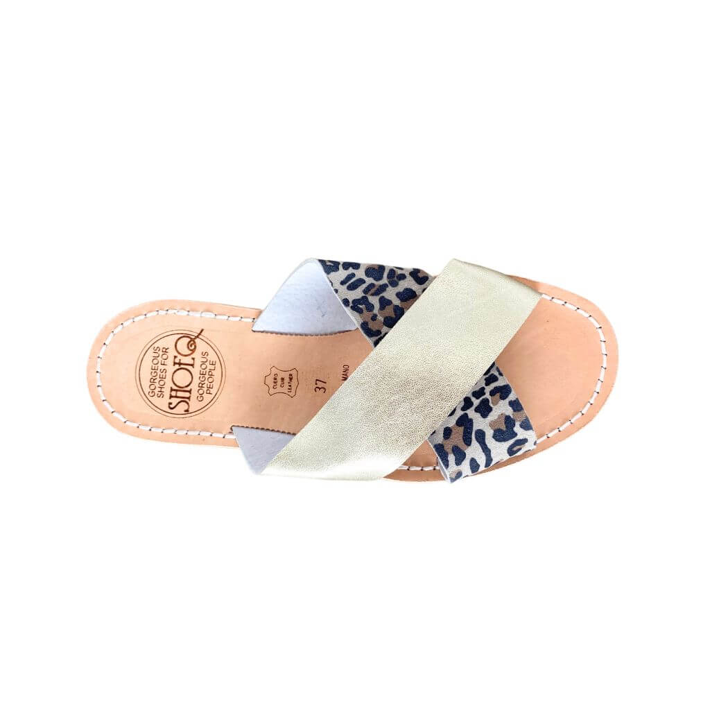 Crossover Slide in Champagne Leopard - Shoeq - Handcrafted Spanish Shoes for Women