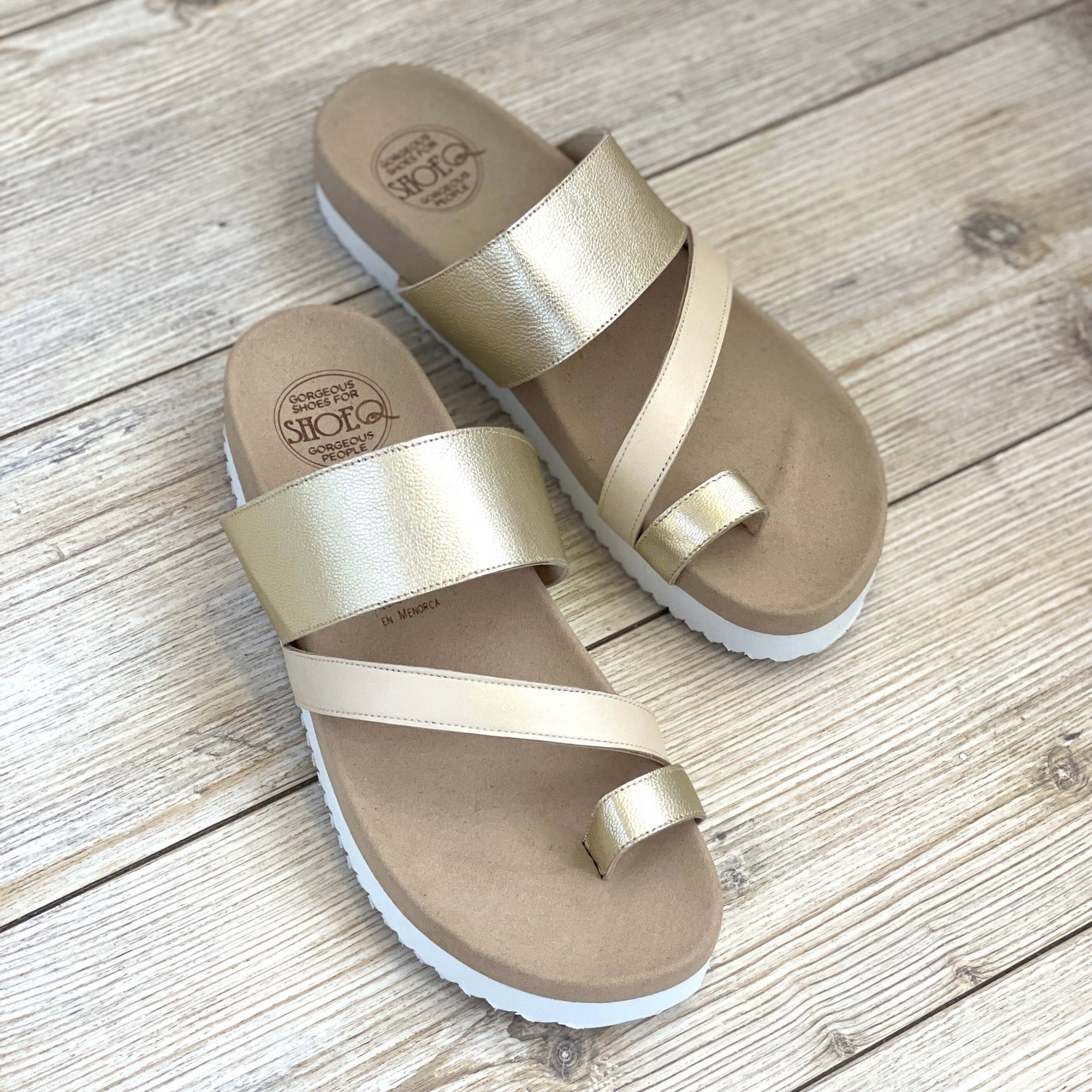 Athena Slide In Champagne Sand Front View - Shoeq 