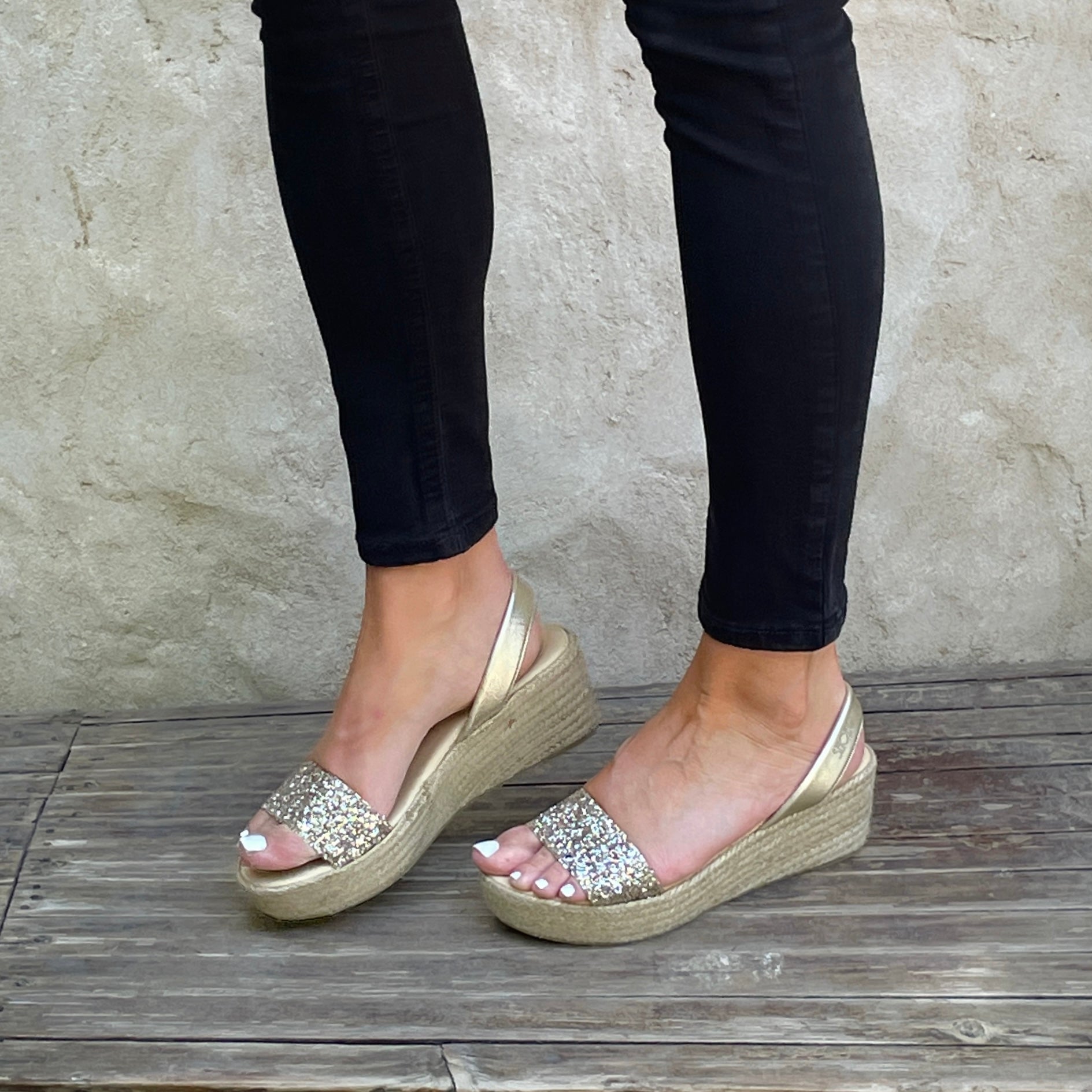 Lexie Espadrille Wedge in Champagne Glitter - Shoeq