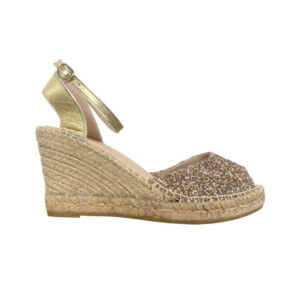 Peep Toe Espadrille Wedge in Champagne Glitter - Shoeq