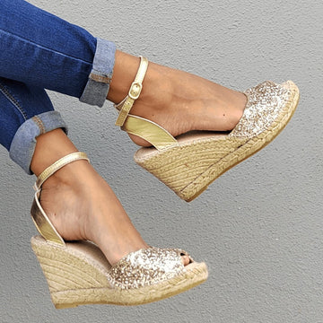 Peep Toe Espadrille Wedge in Champagne Glitter - Shoeq