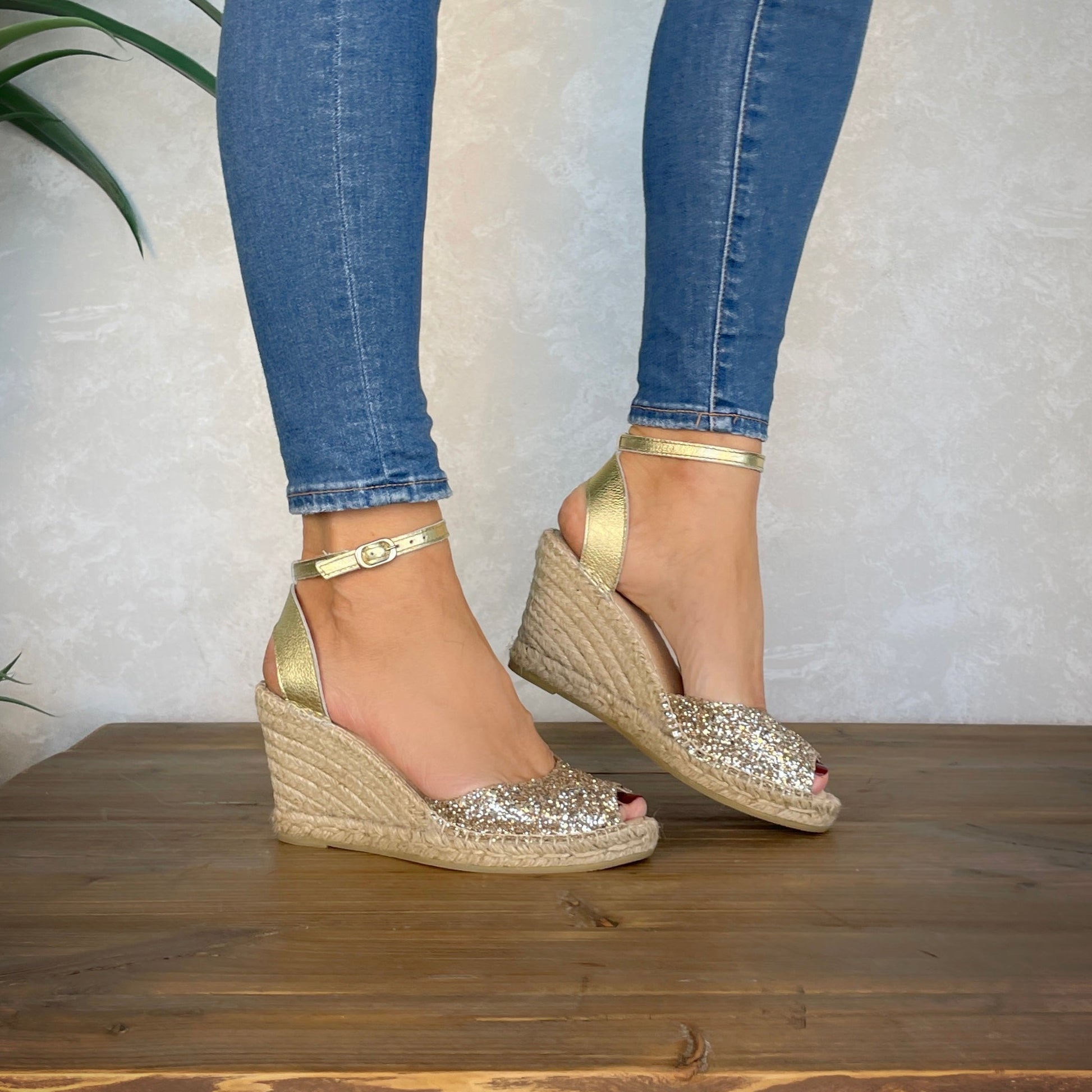 Peep Toe Espadrille Wedge in Champagne Glitter - Shoeq