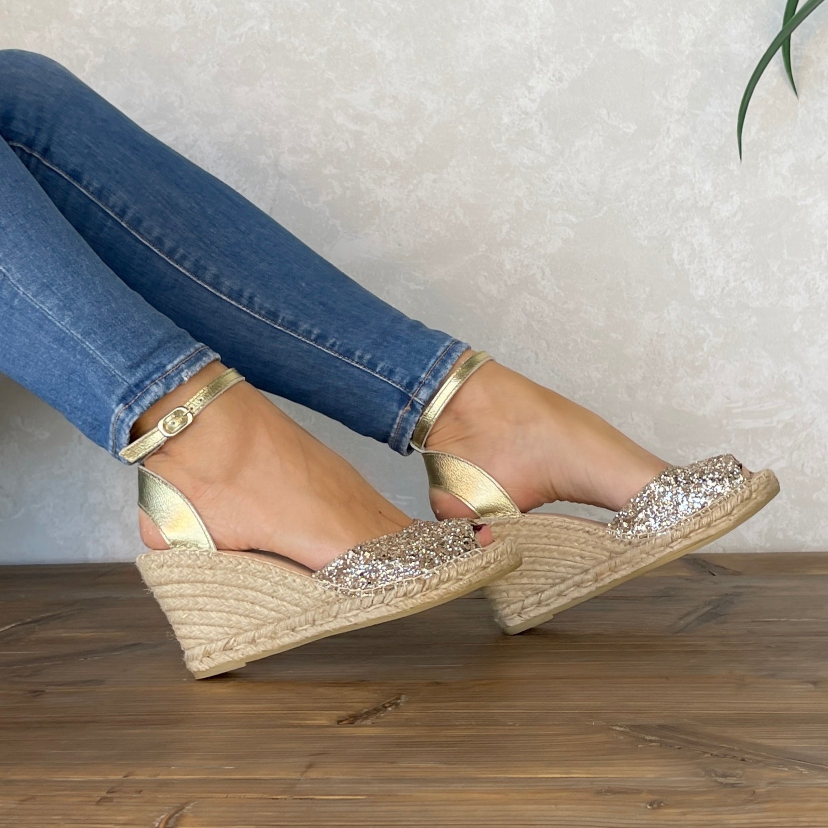 Peep Toe Espadrille Wedge in Champagne Glitter - Shoeq