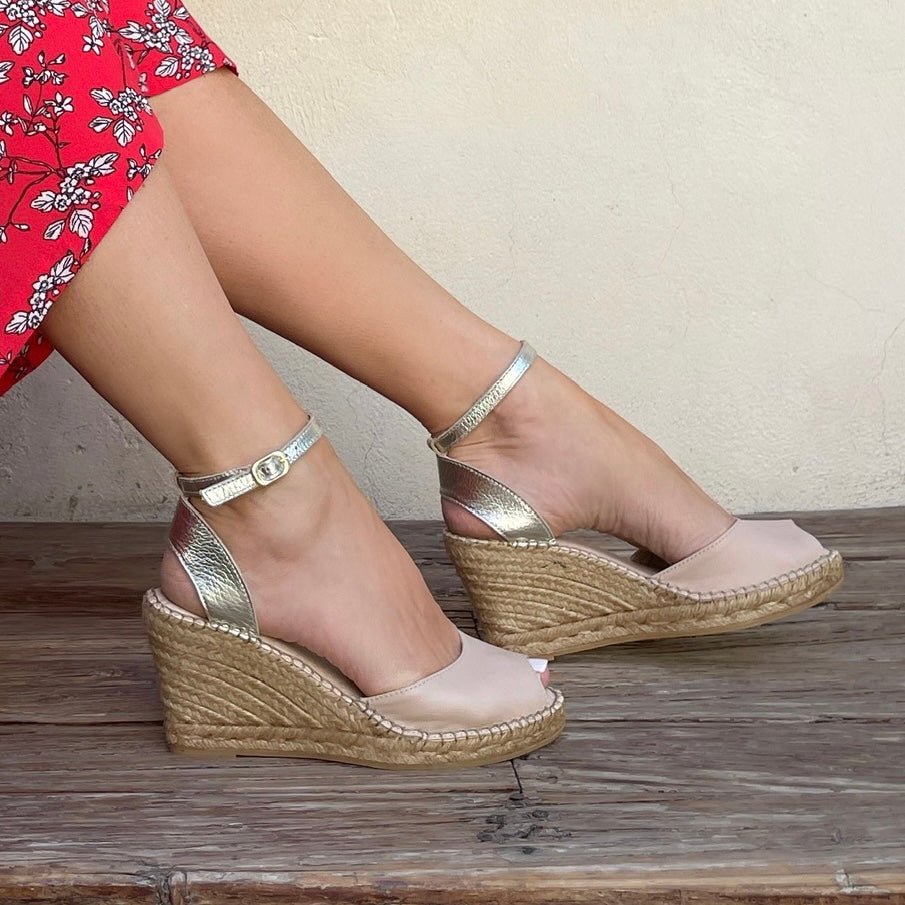 Peep Toe Espadrille Wedge in Sandy Champagne - Shoeq