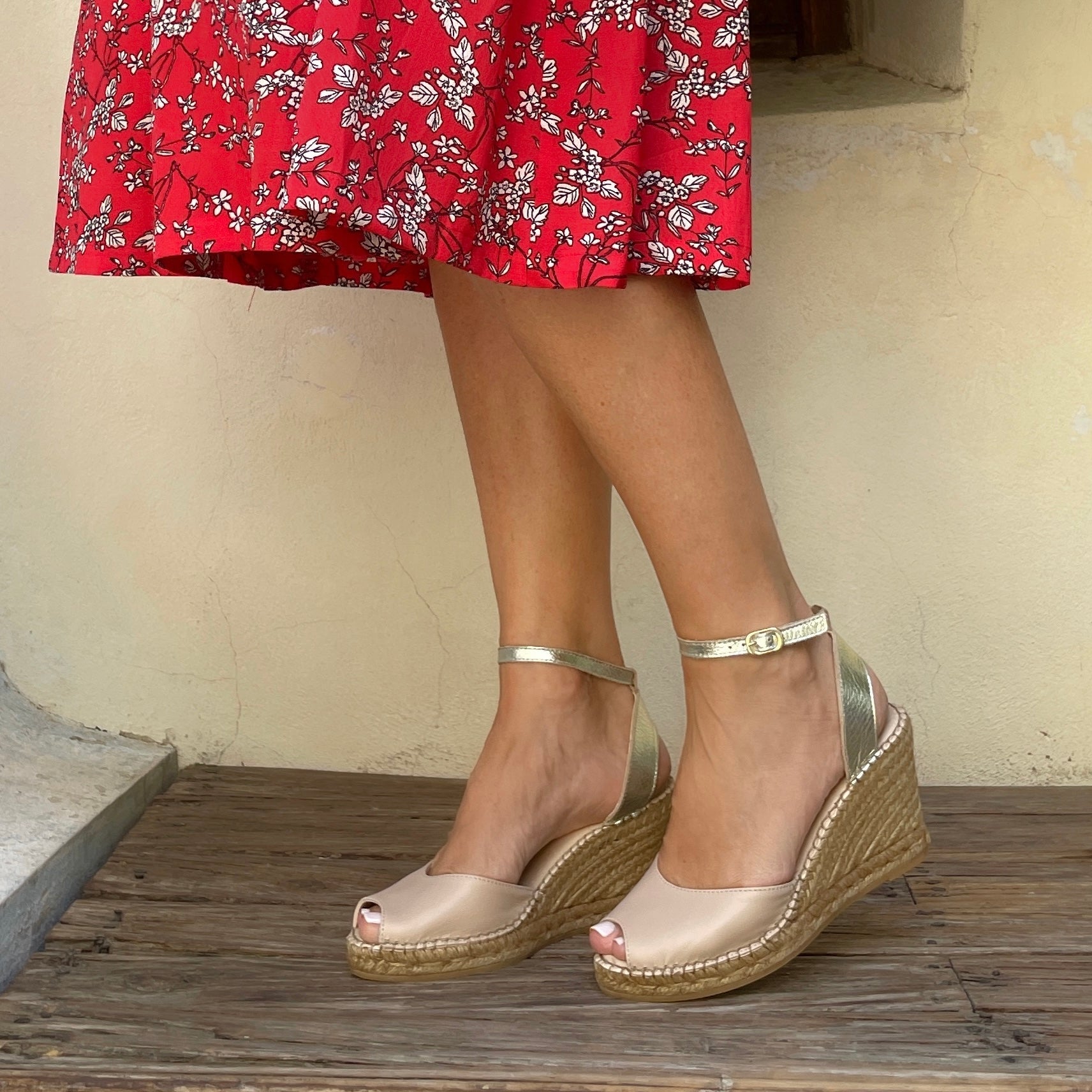 Peep Toe Espadrille Wedge in Sandy Champagne - Shoeq