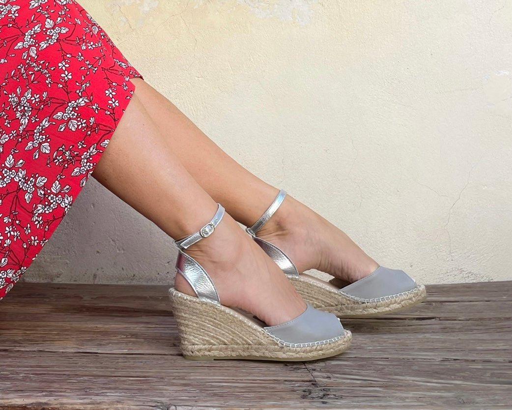 Peep Toe Espadrille Wedge in Silver Grey - Shoeq