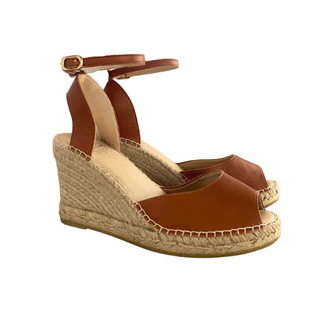 Peep Toe Espadrille Wedge in Tan - Shoeq