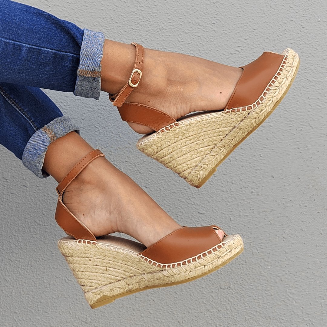 Peep Toe Espadrille Wedge in Tan - Shoeq