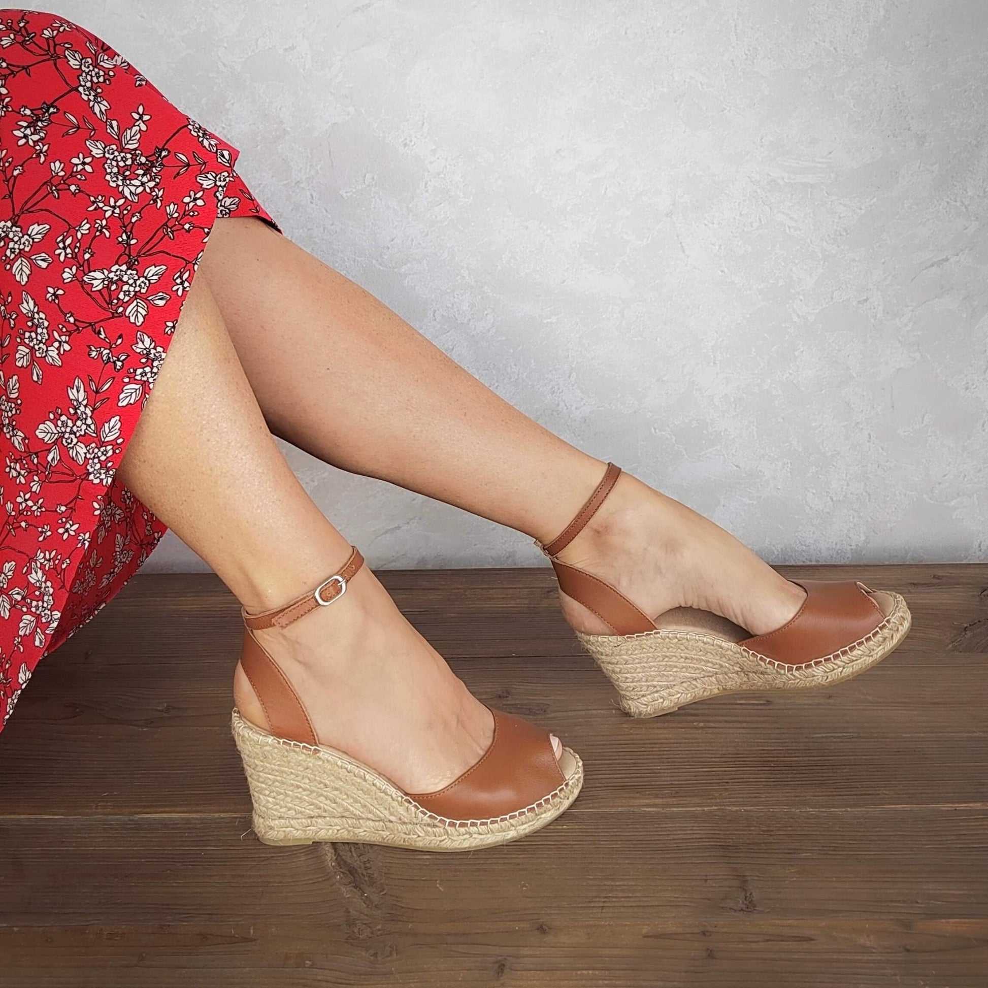 Peep Toe Espadrille Wedge in Tan - Shoeq