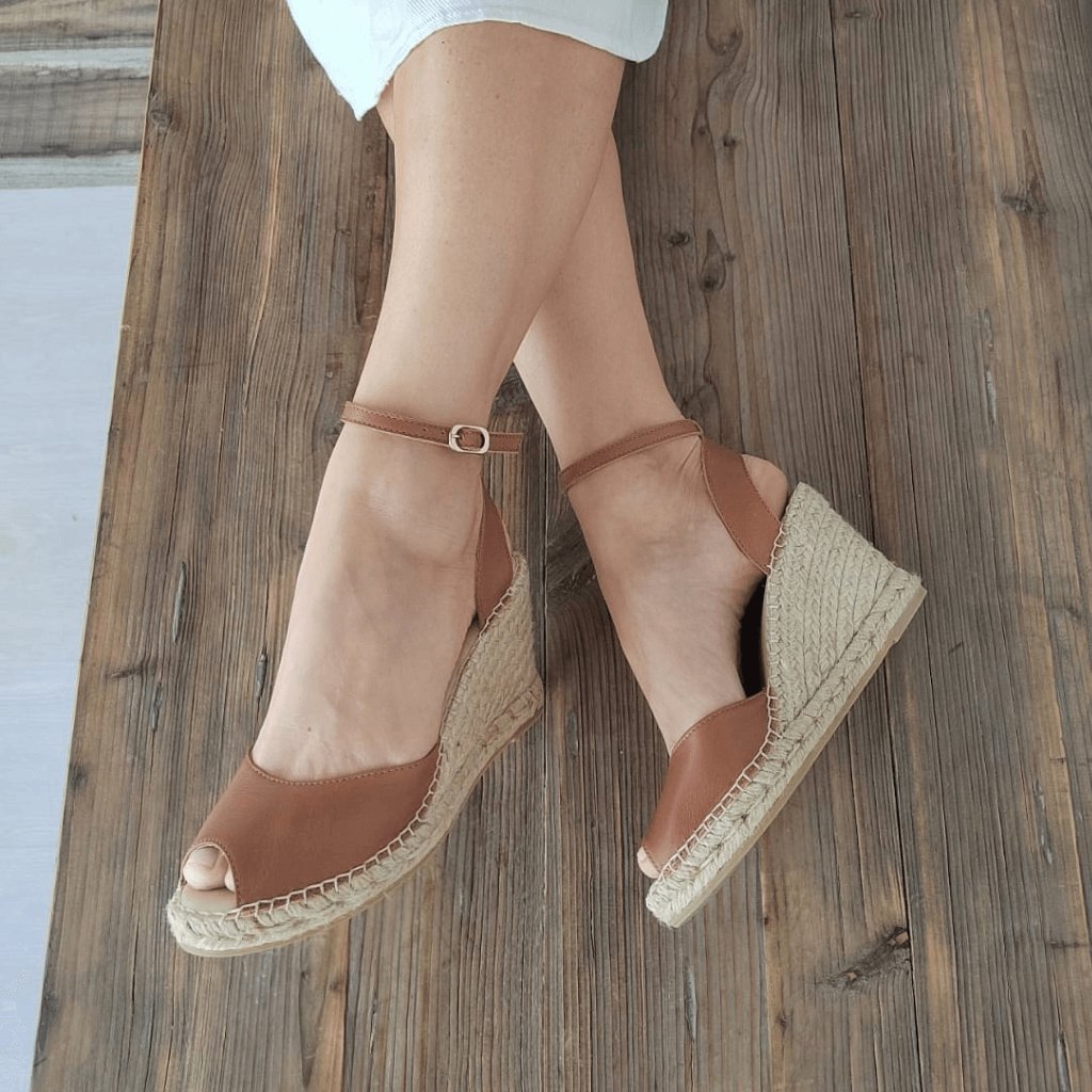 Peep Toe Espadrille Wedge in Tan - Shoeq